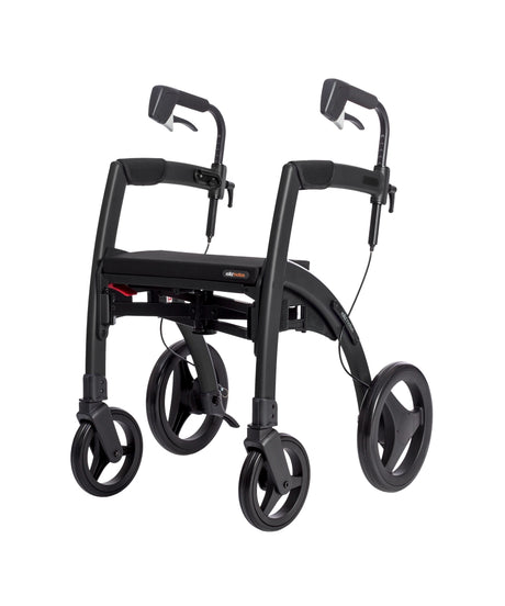 Rollz Motion 2.1 Rollator in Matt Black, linke Seitenansicht mit montiertem Sitzmodul.
