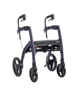 Rollz Motion 2.1 Rollator in Dark Purple, leicht schräge Vorderansicht mit ergonomischen Schiebegriffen.