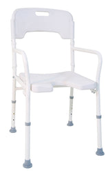 Duschstuhl DSF 130 von Drive Medical mit Armlehnen, Rückenlehne und rutschfester Sitzfläche mit Hygieneaussparung – höhenverstellbar und standfest durch Gummifüße.