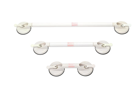 Drei Längenvarianten des mobilen Haltegriffs Solido von Drive Medical mit Saugnapf-Befestigung – 32,5 cm, 58 cm und 88 cm im Größenvergleich.