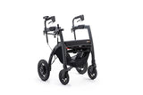 Rollz Motion Electric in der Rollator-Konfiguration, in stilvollem Schwarz. Der faltbare 3-in-1-Mobilitätshelfer kombiniert die Funktionen eines Rollators, Transportrollstuhls und Elektrorollstuhls. Ergonomisches Design mit stabilen Rädern und höhenverstellbaren Griffen.