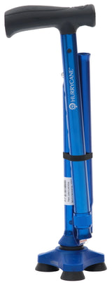 Zusammengefalteter Gehstock Hurrycane in Blau mit ergonomischem Griff und rutschfestem, dreifüßigem Standfuß – kompakt, stabil und farbenfroh.