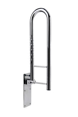 Schwenkstützgriff mit Fallsicherung aus Edelstahl, hochgeklappt – zur seitlichen Montage neben dem WC, Modell mit ergonomischen Griffmulden.