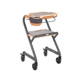 Wohnraumrollator WR 2025 von SALJOL in Velvet Grey mit Filz-Sitzbrett, Bambus-Tablett, Kork-Handlaufpolstern und Stofftasche – freigestellte Ansicht schräg von vorn
