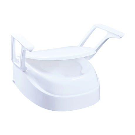 Toilettensitzerhöhung SmartFix B-Protect von Dietz mit hochklappbaren Armlehnen und Deckel in weißer Ausführung – hygienisch, stabil und ergonomisch geformt.